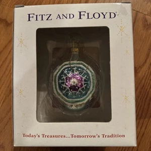 Fitz & Floyd mundgeblasenes Glas Weihnachtsschmuck blau lila Oktober Schneeflocke in Box - Bild 1 von 11