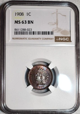 NGC MS-63 BN 1908 Indian Head Cent, Beautifully Toned specimen! - Image 1 of 2