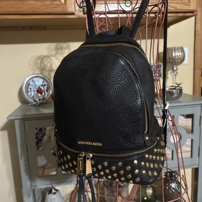 Preowned MICHAEL KORS Rhea Studded Pebbled Leather Backpack Black SRP   - Image 1 of 4