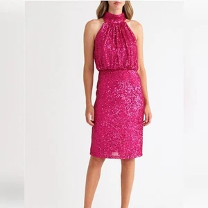 New Eliza J Hot Pink Sequin Halter Neck Cocktail Dress sz 4 - Picture 1 of 8