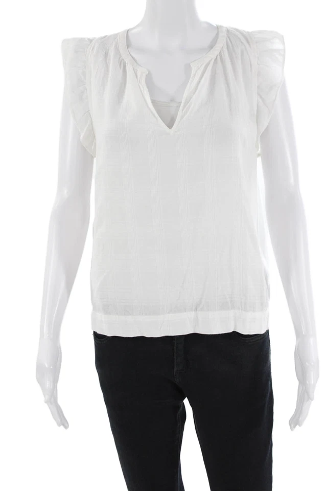 Blusa Lilla P para mujer de algodón a rayas con cuello en V y volantes manga corta blanca talla M Foto 1 de 4