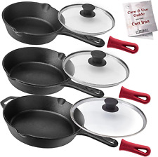 Cast Iron Skillet Set - 6"+8"+10"-Inch + Glass Lids + Silicone Handle Holder Cov