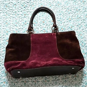 Levenger Colorblock Tote Brown and Burgundy/Wine Suede Shoulder Bag - Picture 1 of 11