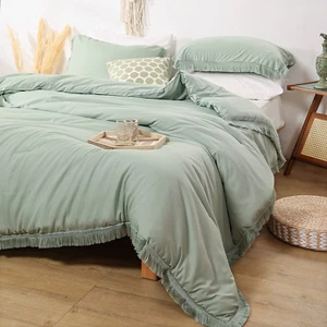 3Pcs Fringe Sage Green Tassel Comforter Set Queen Boho Bohemian Cute Soft Tufted - Picture 1 of 7