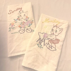 2 Dish Tea Towel Set Embroidered Days of the Week Pixie Elves Anthropomorphic - Picture 1 of 7