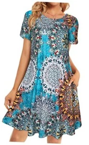 Womens Summer Dresses Beach Casual Loose Tshirt Floral Large Bohemian Blue - Picture 1 of 6