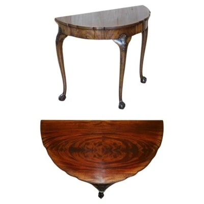 FLAMED MAHOGANY THOMAS CHIPPENDALE STYLE DEMI LUNE CLAW & BALL CONSOLE TABLE - Image 1 of 4