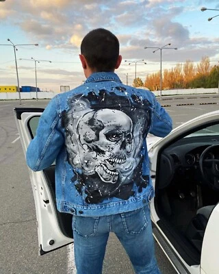 Men's hand painted denim jacket Designer denim Skull smoke Gothic Rock style - Image 1 of 4