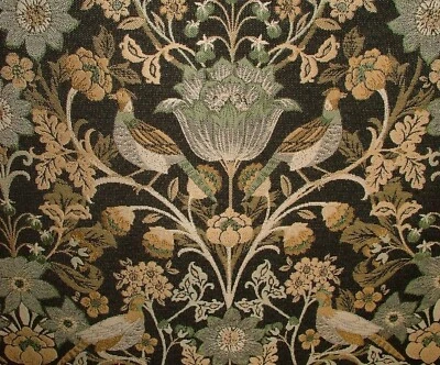 Morris Bird Black Jacquard Fabric Ideal For Curtain Upholstery Cushion Throws - Image 1 of 4