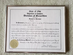 State of Ohio Division of Securities Dealer's License - Picture 1 of 5