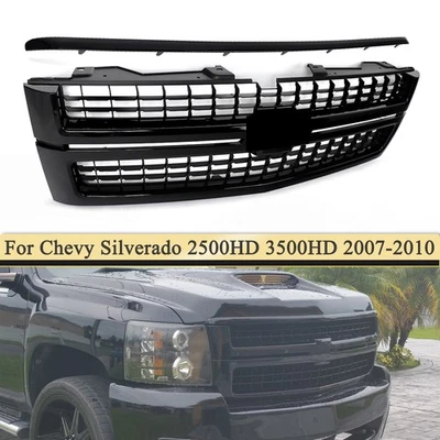 For 07-10 Silverado 2500HD Gloss Black Grille w/ Square Mesh Insert w/ Hood Trim Foto 1 de 4