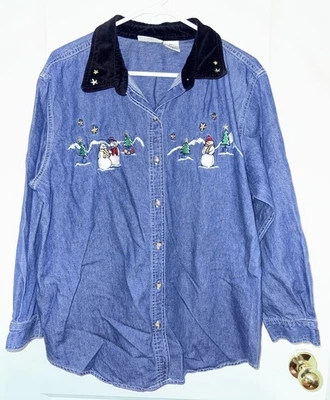 Basic Editions Womens Christmas Snowmen Denim Jean Shirt Velvet Collar Size 16W - Image 1 of 4