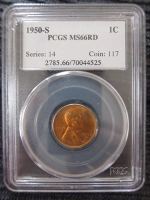 1950-S PCGS Lincoln wheat Cent MS66RD RED 1c penny  deep luster - Image 1 of 4