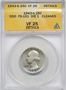 1943-S 25C ANACS VF 25 Details Cleaned (DDO FS-101 Die 1) Washington Quarter - Picture 1 of 4