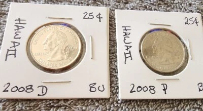 HAWAII 25c STATE QUARTERS LOT OF TWO (2) 2008 D & P BU COINS 25 Cents 1/4 Dollar - Image 1 of 4