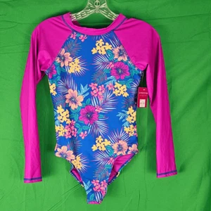 NWT So Girls Purple Blue Floral Long Sleeve Surf Island Rashie Swimsuit 14 - Picture 1 of 5