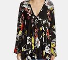 Free People Womens Boho Tunic Printed V Neck Black Floral Swing Top Size M,