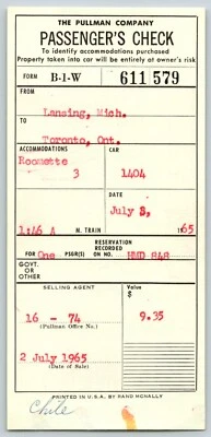 Pullman Passenger Check Lansing / Toronto 1965 Coupon Ticket #579 Bloomquist* - Image 1 of 2