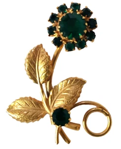 Vintage Green Rhinestone Rose Brooch Lapel Pin Gold Toned Vine Leaves 1.75" - Bild 1 von 6