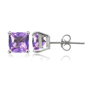 Sterling Silver Simulated Amethyst 6mm Princess-cut Stud Earrings - Picture 1 of 4