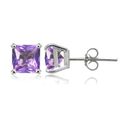 Sterling Silver Simulated Amethyst 6mm Princess-cut Stud Earrings - Image 1 of 4