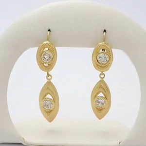 18K Gold 750 Italian Zirconia Marquise Dangle Lever Back Earrings New - Picture 1 of 8