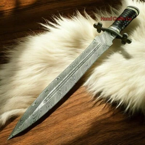 17" Handgefertigtes Damaststahl Jagddolch Bowie Messer mit Stierhorn Griff - Bild 1 von 12