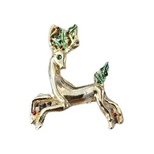 Vintage Gerry's Gold Tone Reindeer Brooch Pin Holly Berry Green Rhinestone Eye - Picture 1 of 5