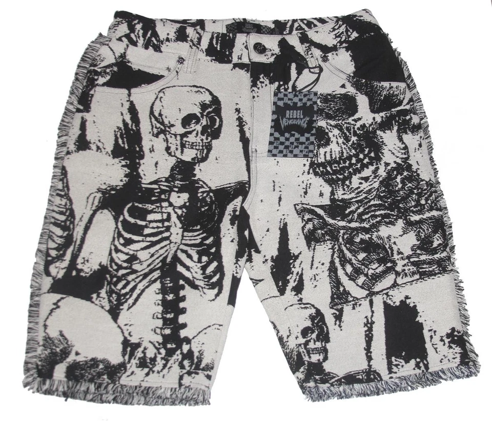 Pantalones Cortos REBEL Skeletons Tapiz Grueso 5 Pkt Arcilla y Negro Flecos Para Hombre Nuevos con Etiquetas Foto 1 de 1