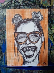 Happy Glasses Woman Ballpoint Ink Pen ACEO ATC OOAK ORIGINAL 3.5 x 2.5 inches - Picture 1 of 3