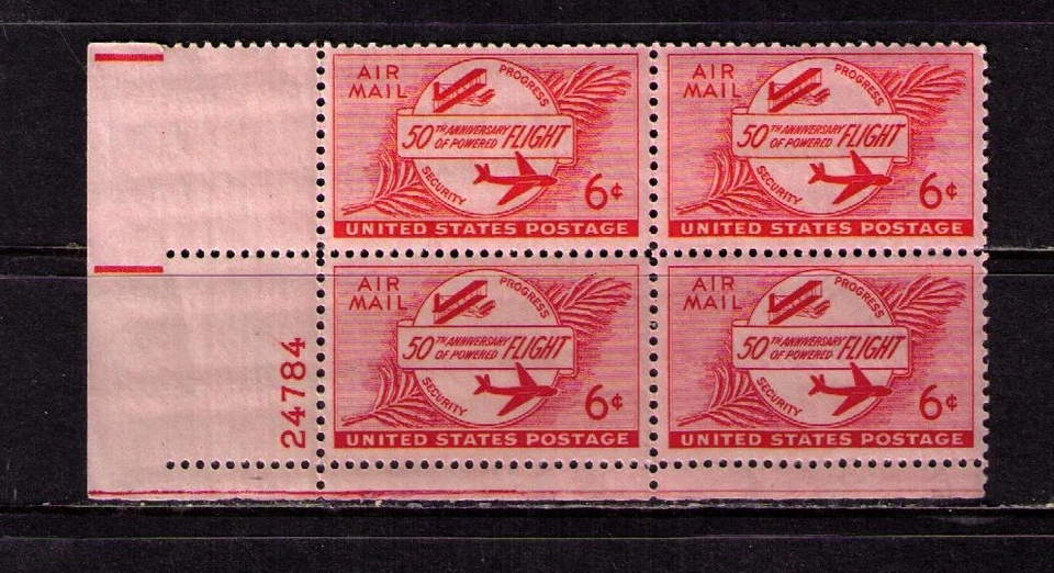 US USA Sc# C47 MNH FVF PLATE# BLOCK Bi-Plane to Jet 50th Anniversary Flight - Image 1 of 1