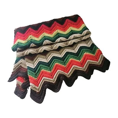 VTG Chevron Crochet Afghan Handmade  Autumn Colors 44 x 132 Grannycore Throw 60s - Image 1 of 4