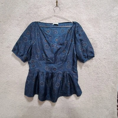 Farhi блузка верхний женщин 8 темно-синий цветочный 100% шелк разделить шеи пеплум кромки - Изображение 1 из 4