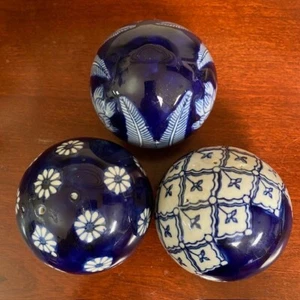 Carpet Balls Set of 3 Cobalt Blue White Porcelain Ceramic 3” Decorative Vintage - Picture 1 of 5