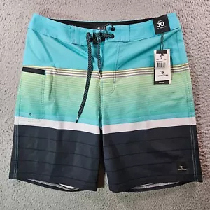 NWT Rip Curl Board Shorts Swim Trunks Mens Waist 30 No Liner Green Black Striped - Picture 1 of 13