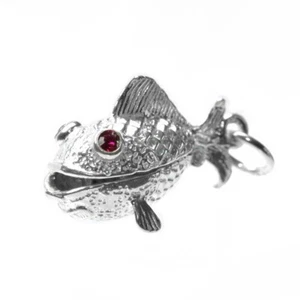 STERLING SILVER OPENING RUBY EYES MOVING FISH & WORM CHARM - Picture 1 of 8