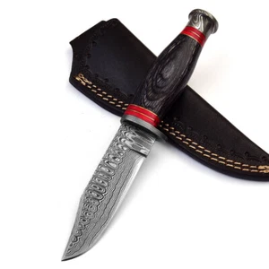 Damascus Steel Hunting Knife | Razor-Sharp Clip Point Blade w/ Leather Sheath - Picture 1 of 6