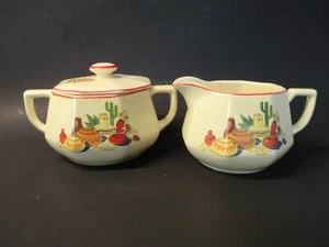Homer Laughlin MEXICANA Red Band Cactus Pottery Creamer & Sugar Bowl with Lid - Picture 1 of 10