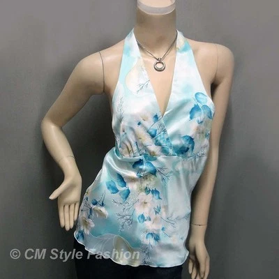 Sexy Floral Halter Corbata Trasera Sedosa Satén Desnuda Parte Superior Azul S~M Foto 1 de 4