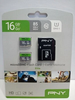 New PNY Elite 2 PK 16GB Micro SDHC Memory Cards Class 10 w/ Adapter - Image 1 of 2