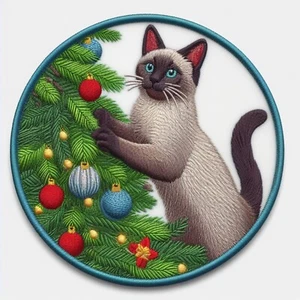 Siamese Cat in Christmas Tree Patch Printed Embroidered Iron-on Applique Cute - Picture 1 of 11