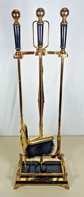 Elegante juego de herramientas de chimenea vintage con mango de latón y mármol negro 4 piezas + soporte Foto 1 de 4