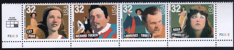 Scott #3154-3157a Opera Singers Plate Block of 4 Stamps - MNH Bottom - Image 1 of 1