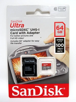 SanDisk Ultra microSDXC UHS-I Memory Card & Adapter 64GB Speed 100MB/s Class 10 - Image 1 of 2