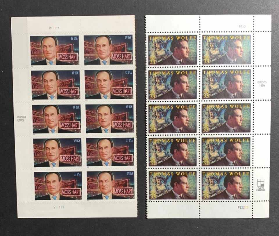 U.S. Stamps SC #3444/3882. Literary Arts Thomas Wolfe & Moss Hart Blocks of 10 - Image 1 of 3