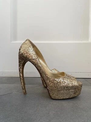 Walter Steiger Gold Sequin Curved Heel Peep Toe Stiletto Platform Heels 41 - Image 1 of 4