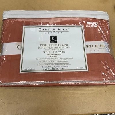 Juego de sábanas a rayas de satén Castle Hill London 1000 hilos - King Coral Foto 1 de 2