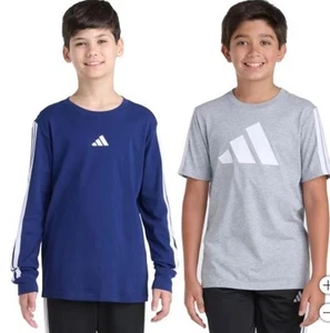 Adidas Boys Girls T-Shirts Blue Gray 2-Pack Crewneck Kids Unisex Cotton Jersey - Picture 1 of 7