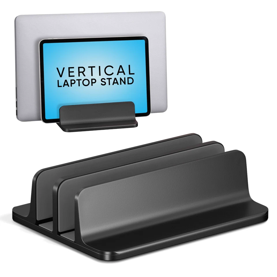 Black Vertical Laptop Stand Adjustable Dual Slot Dell HP Lenovo LG MacBook Stand - Image 1 of 4