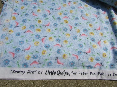 Sewing Bird by Little Quilts Peter Pan Fabrics Baby Blue Pink Bird Flowers 2 Yds - Image 1 of 4